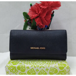 Michael Kors Black Leather Credit Card ID Window Trifold Wallet